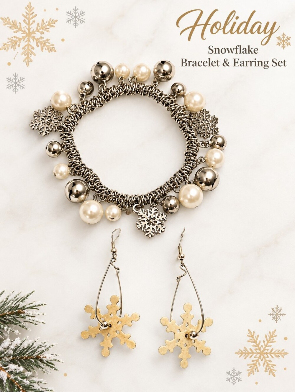 Holiday Snowflake Bracelet & Earring Set White & Silver Tone